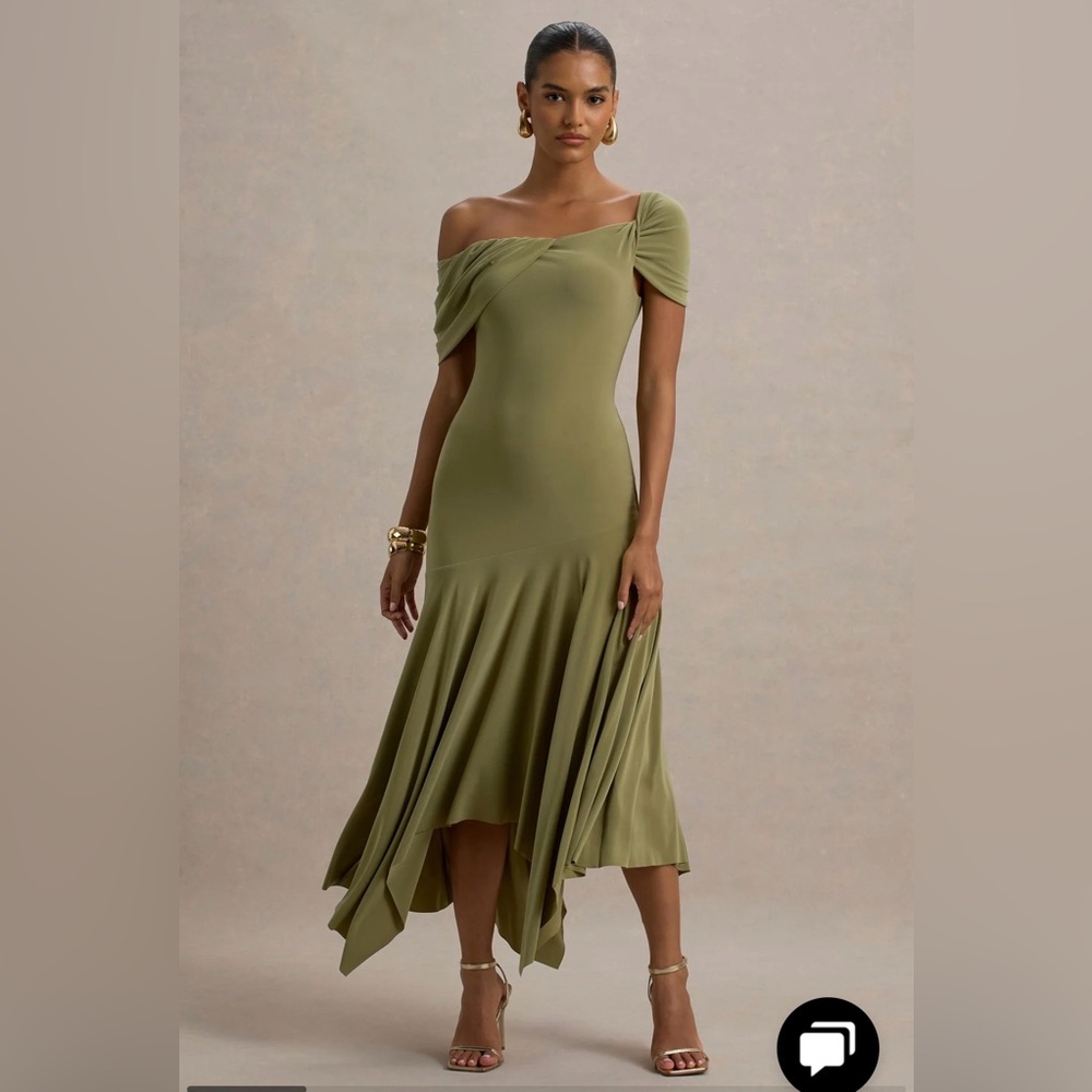 Elegant Olive Green Off-Shoulder Dress Club L London